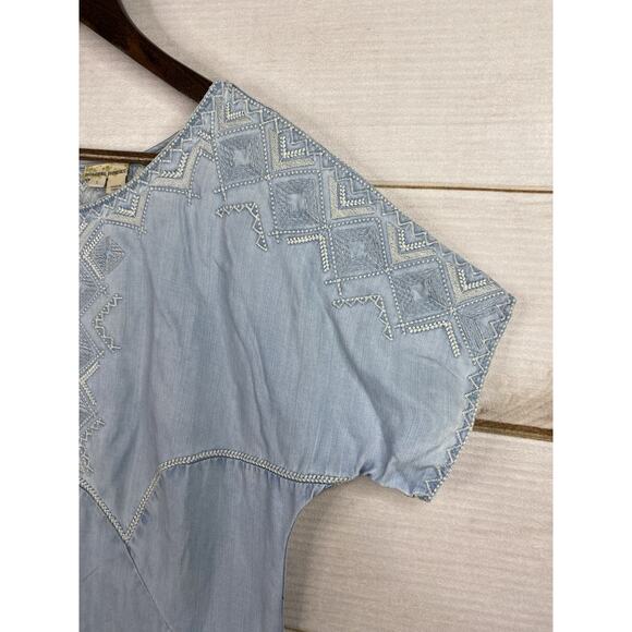 Holding Horses Anthropologie Womens Dress S Blue Denim Embroidered Chambray Boho - Picture 3 of 11